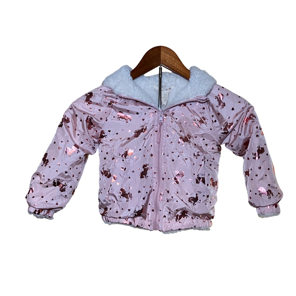 Emma & Elsa Girls Size 3T Pink Unicorn Hearts Shiny Hooded Jacket